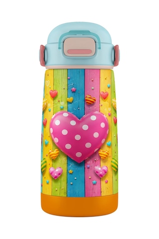 Puccon 420 Ml Paslanmaz Çelik Kız Çocuk Okul Termosu-matarası - 60015 - Pembe Kalp Desenli Pembe - Turkuaz