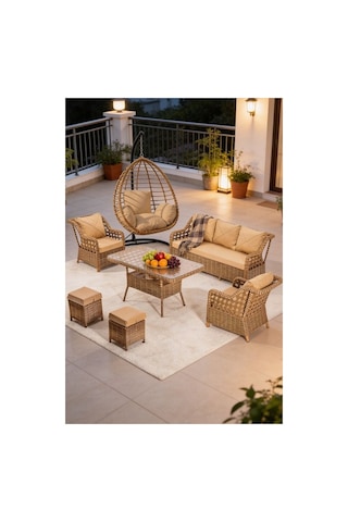 Dora Garden Home Ecem 7 Kişilik Rattan Bahçe Mobilyası Ve Tek Kişilik Salıncak Seti - Kahverengi Siyah Çizgili