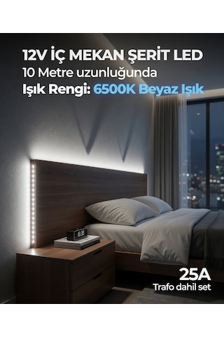 10 Metre 12v 6500k Beyaz Işık Şerit Led + 12v 25a Slim Led Trafosu Hazır Set 10 Metre Gün Işığı