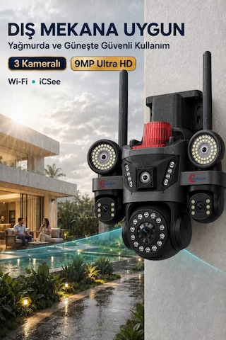 İcsee 9003 9mp 3 Lens Wifi Güvenlik Kamerası, Motorlu Gece Görüşlü Dış Mekan Kamera, 32gb Kart Ve Adaptör