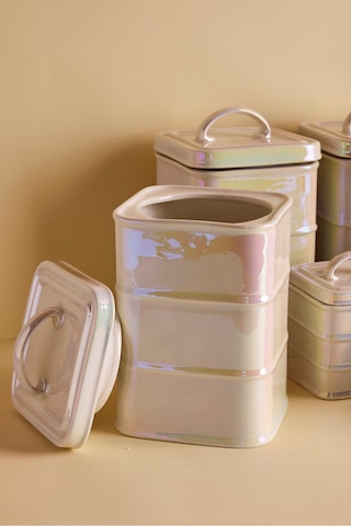 Bianca Pearl 7'li Porselen İnci Sedefli Kulplu Kapaklı Kare Form Baharatlık Takımı Beyaz Beyaz