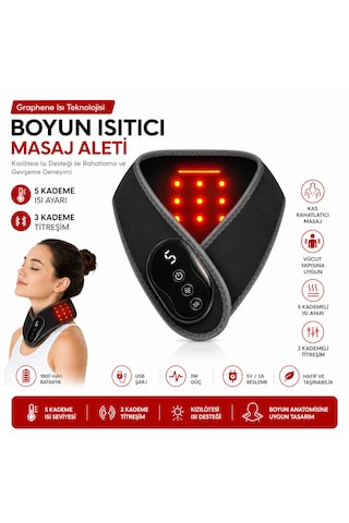 Graphene Isı Teknolojili Boyun Isıtıcı Masaj Aleti 5 Kademeli Isı Ayarı 3 Kademeli Titreşim Usb Şarjlı Kablosuz Boyun Destekleyici Siyah