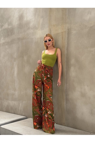 Mamayaga Kadın Yüksek Bel Kuşaklı Desenli %100 Viscose Pamuk Geniş Paça Şık Casual Büyük Beden Curve Pantolon Haki