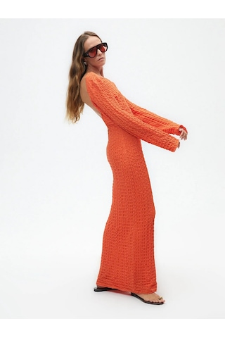 Nocturne Oversize Maxi Elbise - Uzun Kol - Minimalist Stil Kırmızı