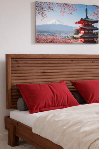 Ebruli Yatay Başlıklı Masif Ahşap Karyola Ceviz 90x200