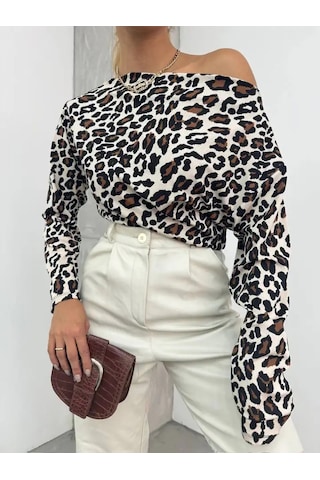 Cemo Leopar Desenlı Uzun Kollu Asimetrik Yaka Bluz LEOPAR