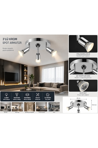3'lü Krom Spot Armatür GU10 Duy Metal Tavan Spotu Modern Salon Aydınlatması (Ampul Hariç)