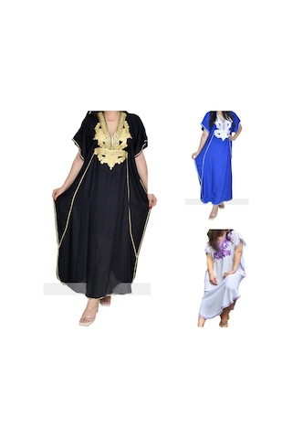 Nakış Fas Kaftan Bayan Maxi Bayram Elbisesi Arap Farasha Rahat Uzun Büyük Boy Parti Mavi