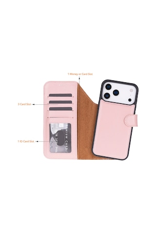 Bloomcase Magic Apple Uyumlu iPhone 17 Pro Max 6.9" Blush Ayrılabilir Hakiki Deri Cüzdanlı Telefon Kılıfı Pembe