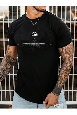 Aydaki Adam T-shirt - Siyah Baskılı Oversize Bisiklet Yaka Kısa Kol Tişört Siyah