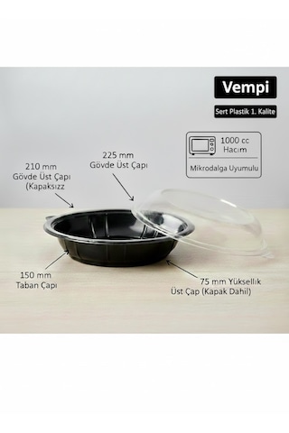 Vempi 1000 Cc Sızdırmaz Siyah Kase Şeffaf Kapak, 10 Adet - Sert Plastik - Mikrodalga Uyumlu, Salata Siyah - Şeffaf