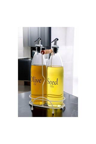 Digithome Aura 2'li Krem Metal Standlı Ahşap Saplı Yağdanlık Seti Şeffaf Etiketli Cam Yağlık 1000 Ml Cys-20 Krem