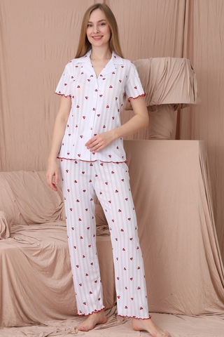 Wordex Mirano 1702 Kiraz Desenli Pointel İnce Kumaş Düğmeli Kısa Kollu Kadın Pijama Takımı Beyaz