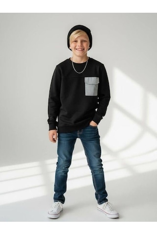 Zekids Erkek Çocuk Cep Detaylı Pamuklu İnce Sweatshirt-16650 Siyah