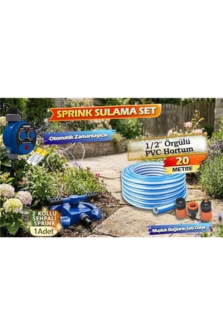 Otomatik Zamanlayıcılı Bahçe Sulama Seti 20m Örgülü Pvc Hortum, Dönerli Çift Sprinkler, Bahçe Çim Ve Hobi