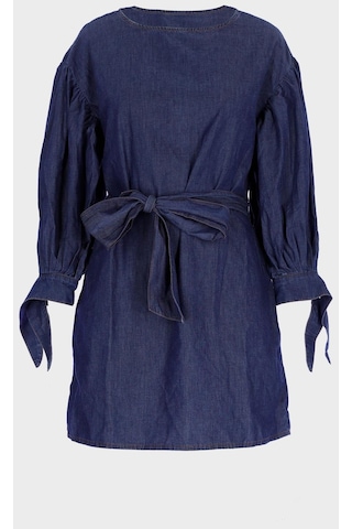 Koyu Mavi Kolu Büzgülü İnce Mini Jean Elbise C 4676-053 Koyu Mavi