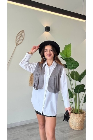 Modadua Püskül Detaylı Modern Yelek Güçlü Ve Özgür Stil-gri Çok Renkli