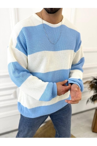 Kazak Oversize Tüylenmez Naturel Pamuk Örme Triko Kazak Mavi