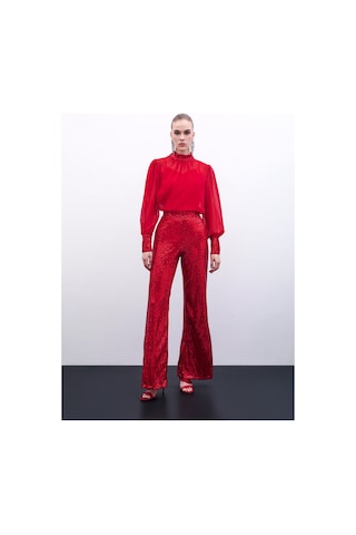 Sateen Payetli Salaş Pantolon - Kırmızı