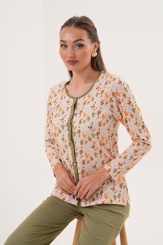 Çift Kaplan Kadın Pamuk Zeytin Dalı Desenli Önden Düğmeli Yeşil Pijama Takımı 7031 Yeşil