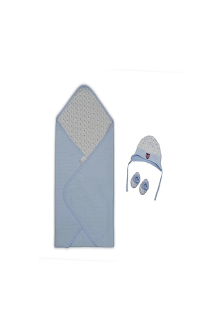 Yenidoğan Baskılı Double Face Şapka Ve Patikli 3lü Bebek Battaniye Takımı Mavi Çok Renkli