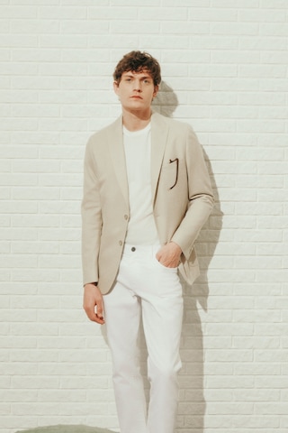 Erkek Bej Yumuşak Dokulu Keten Slim Fit Dar Kesim Mono Yaka Diagonal Desenli Ceket Bej