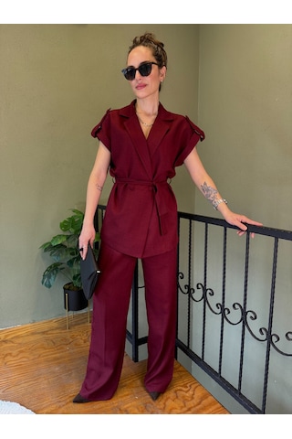 Ali Butik Bordo Kuşaklı Keten Yelekli Takım