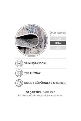 Mokka Modern Halı Yumuşak Dokulu, 9 Mm Orta Kalınlık, Tozumaz Ve Robot Süpürge Uyumlu Gri-Mavi