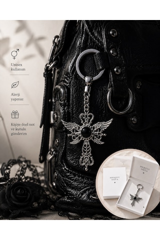 Gotik Kanatlı Haç Anahtarlık Siyah Taş Detaylı Vintage Çanta Aksesuarı