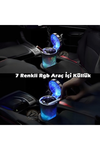 Araç Içi Küllük Led Işıklı 7 Renkli Rgb Lüx Tip Kapaklı Araba Küllüğü