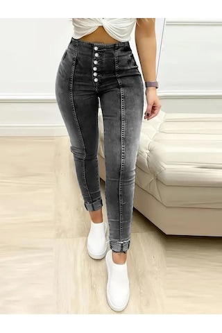 Leyla Sanat Sanata Yeni Bir Bakış Açısı Kadın Yüksek Bel Önden Düğmeli Jean Pantolon Siyah