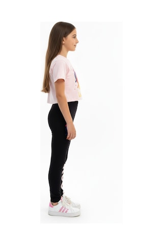 Toontoy Kids Toontoy Kız Çocuk Bisiklet Yaka Kısa Kollu Baskılı Crop Tişört - Beli Lastikli Basklı Tayt 11050 Pudra