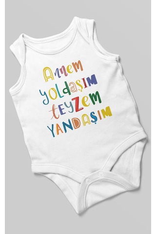 Annem Yoldaşım Teyzem Yandaşım Baskılı Bebek Zıbını Çıtçıtlı Body %100 Pamuk Sıfır Kol Beyaz