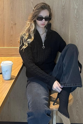 Madmext Siyah Dik Yaka Fermuar Detaylı Örme Kazak Mg2229