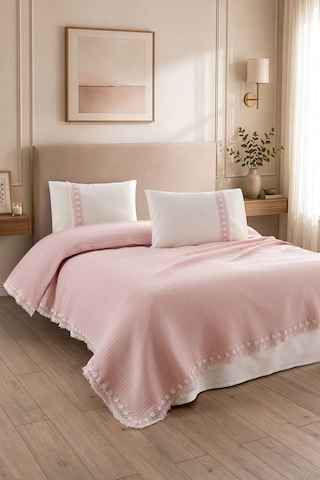 4 Parça Kopanaki Dantelli & Püsküllü Çift Kişilik Pike Takımı - %100 Pamuk - 210 X230 Cm - Somon