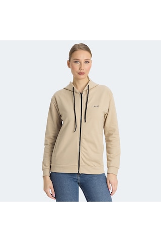 Slazenger KINET Kadın Fermuarlı Kapüşonlu Cepli Bej Sweatshirt