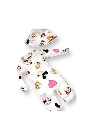 Unisex Çocuk Mayo Yarım Vücut Güneş Koruma Hassas Ten Sevimli Mickey Baskı Desen Mayo Şapka Hediyeli Ekru