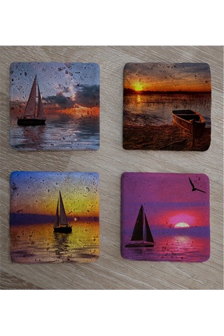 Gün Batımında Yelkenliler Doğal Taş Bardak Altlığı 4'lü Set - Natural Stone Coasters - Taş Çok Renkli