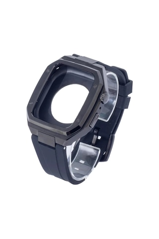 Apple Watch 44mm Uyumlu Kr402 Metal Kasa Silikon Kordon - Siyah