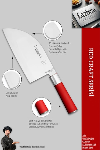 Lazbisa MFT-005 Red Craft Serisi Mutfak Şef Bıçak Seti Et Ekmek Sebze Bıçağı Günlük Kullanım Kırmızı