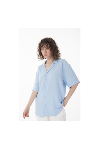 Rocqerx R-3737 Hafif Oversize Apaş Yaka Kısa Kol Ayrobin Gömlek Mavi