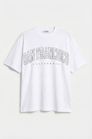 Itsbasic Kadın Beyaz S6-2 Oversize Özel Parlak Taşlı Sloganlı Bol Kesim T-shirt