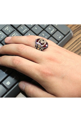 925 Ayar Gümüş Kırmızı Zirkon Taşlı Ay Yıldız Erkek Yüzük