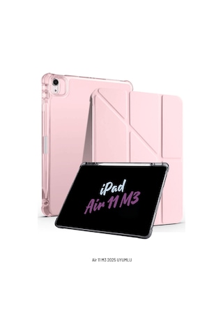 Apple Uyumlu iPad Air 11 İnç 2025 M3 Çip Kalem Bölmeli Standlı Tri Folding Fuchsia Tablet Kılıfı Kapaklı Kılıf