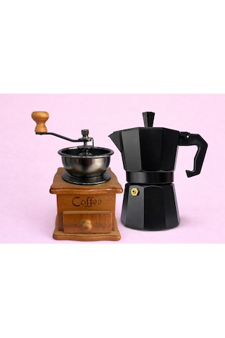 Kahve Değirmenive Moka Pot 9 Luk 2 Li Set Siyah