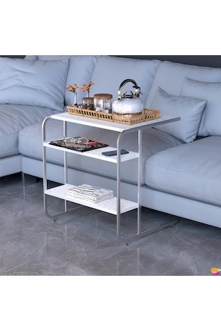 Modilayn C Yan Sehpa Geniş Boy Tekerlekli Çalışma, Atıştırmalık, Yemek, Laptop Sehpası Beyaz Desenli Beyaz