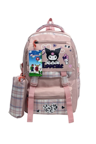 Kuromi Desenli Ekoseli Okul Çantası Folyolu Beslenme Ve Kalemlik Pembe