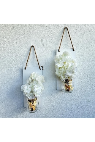 Led Işıklı, Beyaz Bahardalı Çiçekli Duvar Dekoru Beyaz İkili Set Beyaz