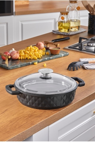 Taç Bella Cam Kapak Döküm Basık Tencere 28 Cm