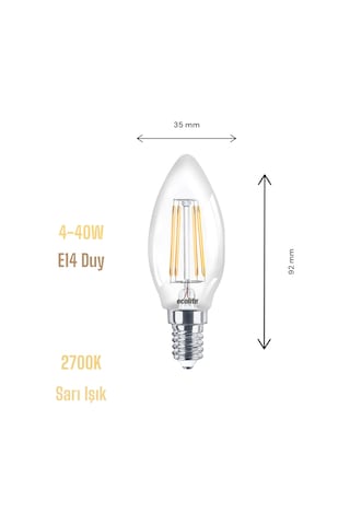 Ecolite 4w Led Mum Ampul, E14 Duy, 2700k Sarı Işık, 470 Lümen, Şeffaf Cam, Akkor Görünümlü Dekoratif Lamba, 3'lü Paket Sku: Smg8690010159359 Açık Kahverengi